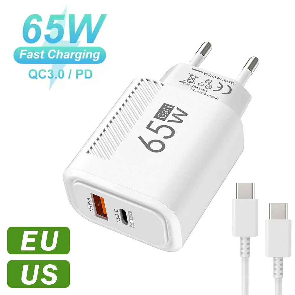 65W USB-C Charger GaN Fast Charging PD Type C Cable Mobile P