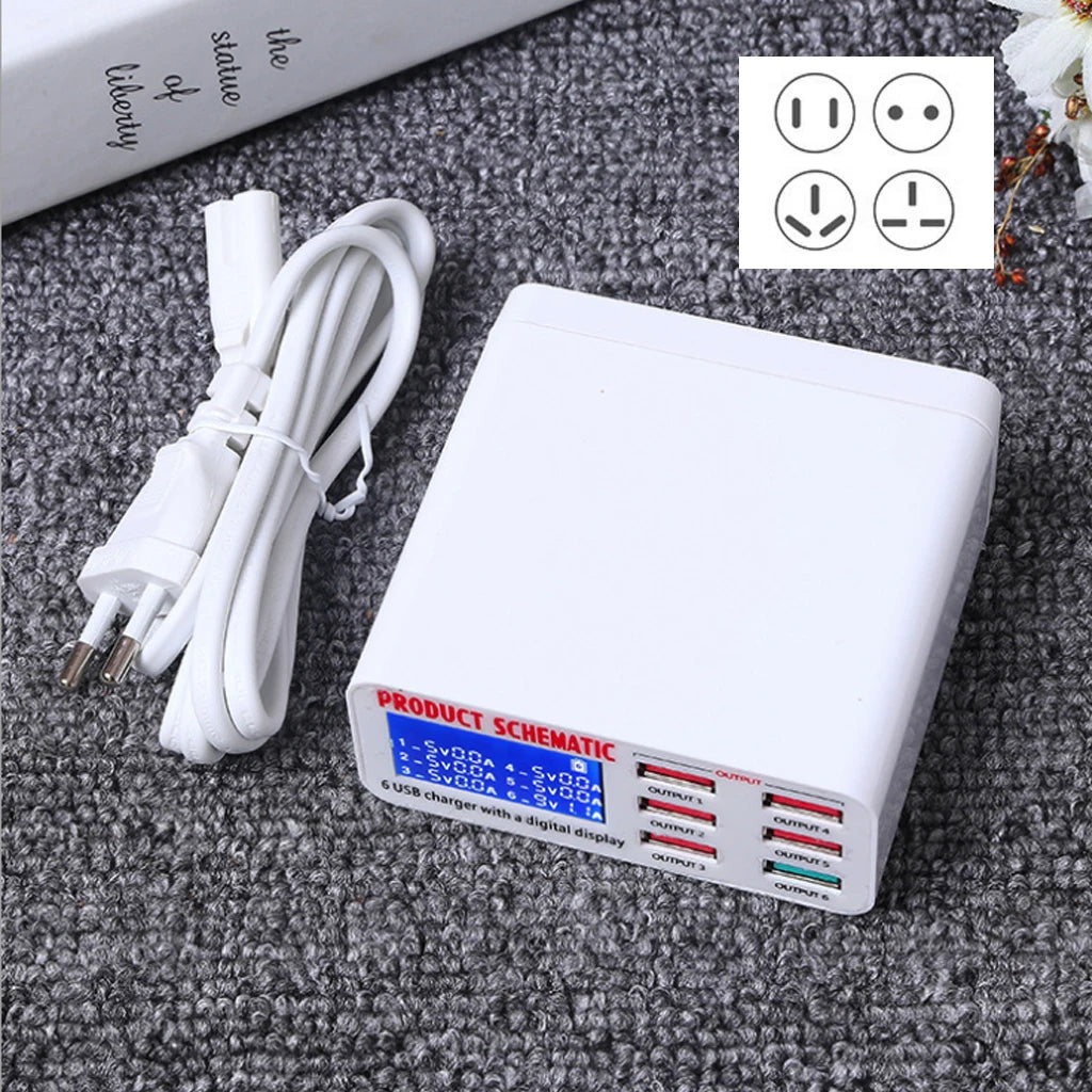 8A QC3.0 USB Charger with LCD Display 6 Ports Desktop Mobile