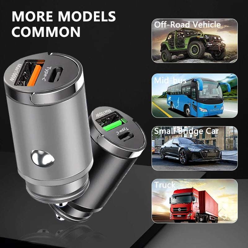 100W Mini Car Charger Lighter Fast Charging for iPhone QC3.0
