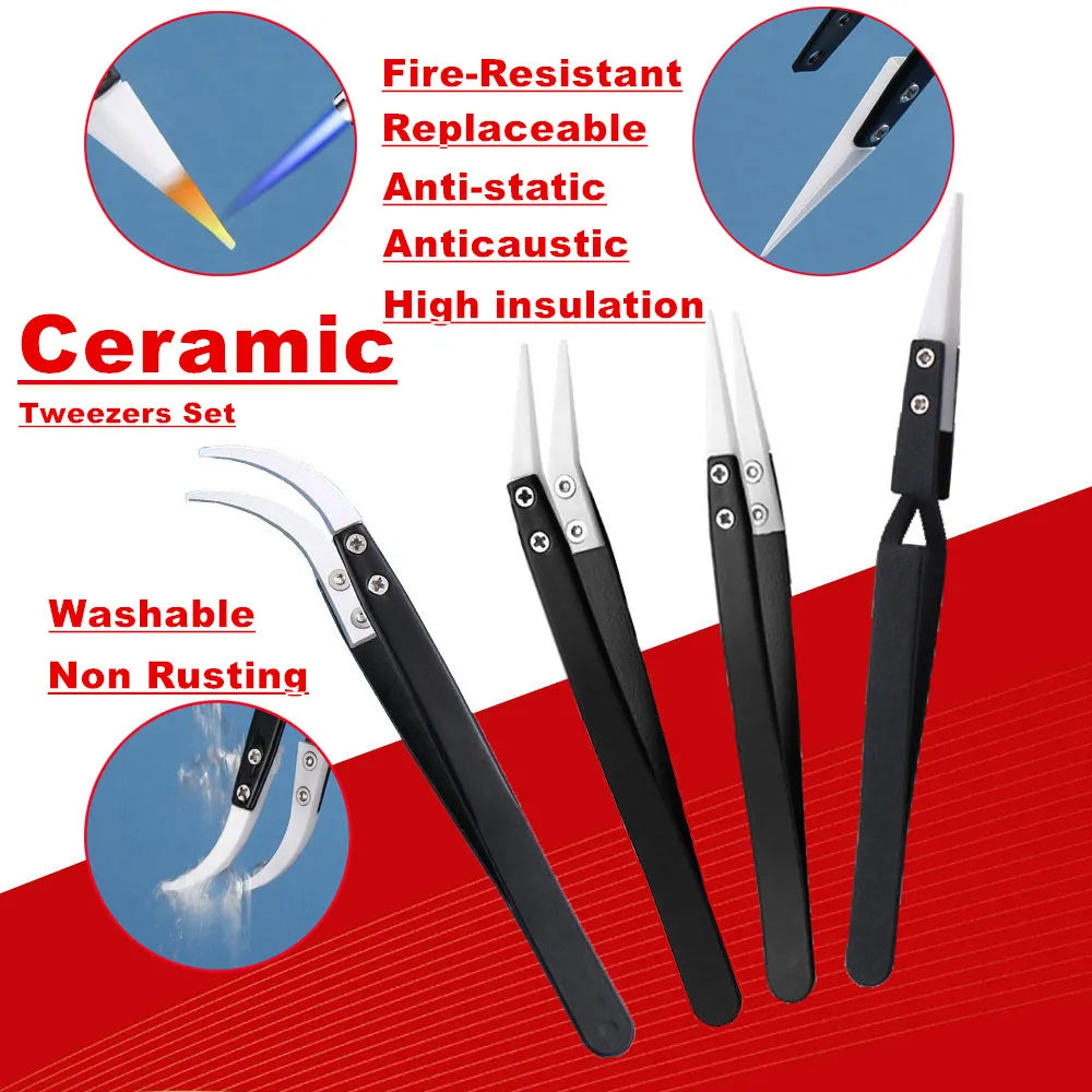 10Pcs Tweezers Set With Bag Industrial Electronic ESD Stainl