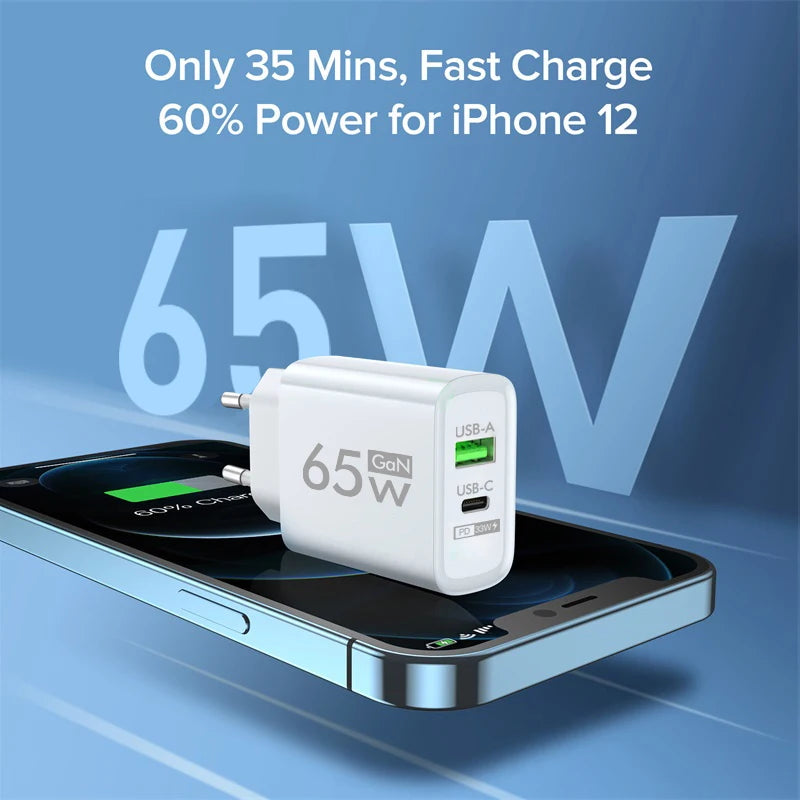65W GaN USB C Charger Dual Port PD3.0 QC3.0 Fast Wall Adapte
