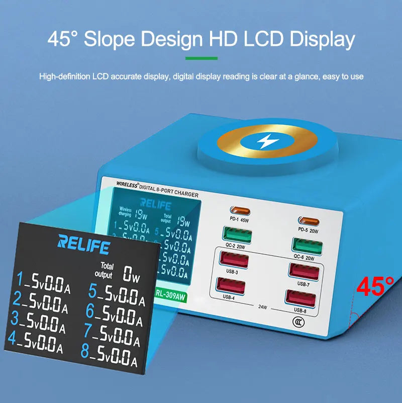 RELIFE RL-309AW Dual QC3.0 USB Charger with LCD Display 8 Po