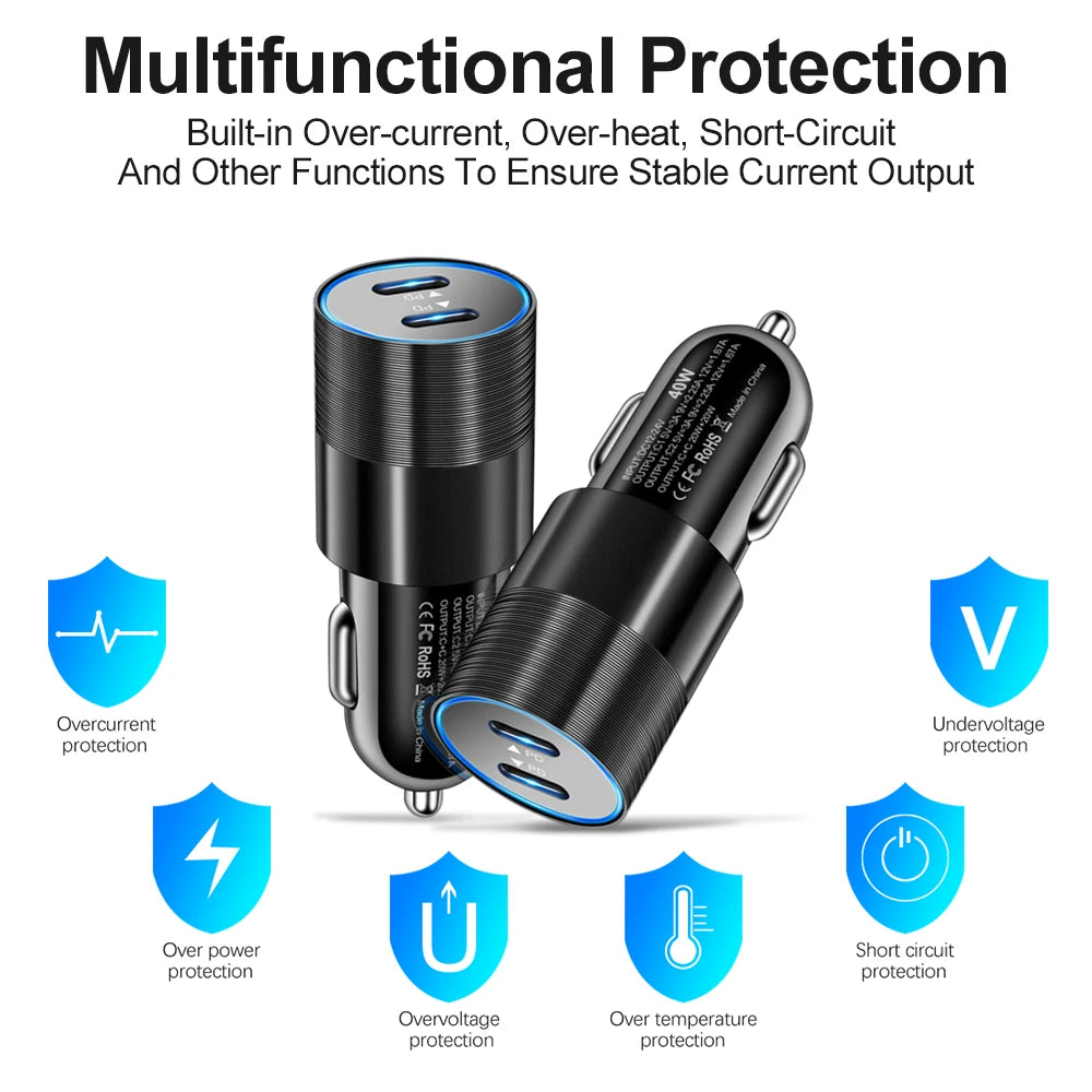 PD Car Charger Adapter 40W Fast Charging Type C USB PD Quick