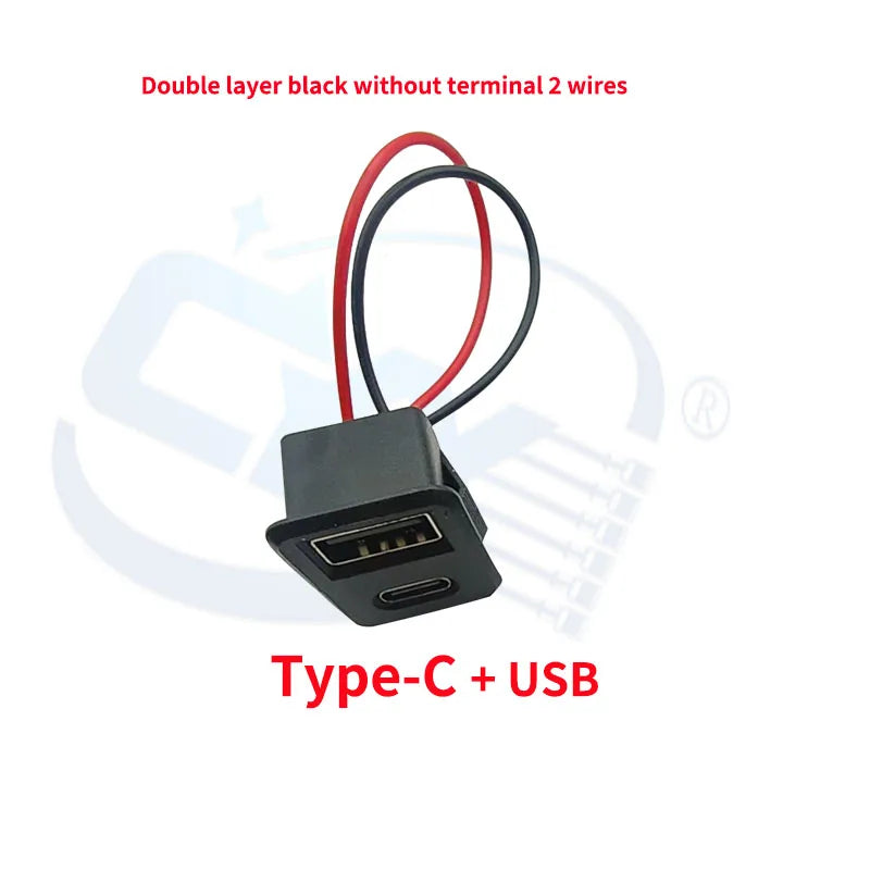 USB 2.0 Connector Female Socket Dual Layer Type C and USB Power Socket Interface with Cable Charging Car Soldering Plug