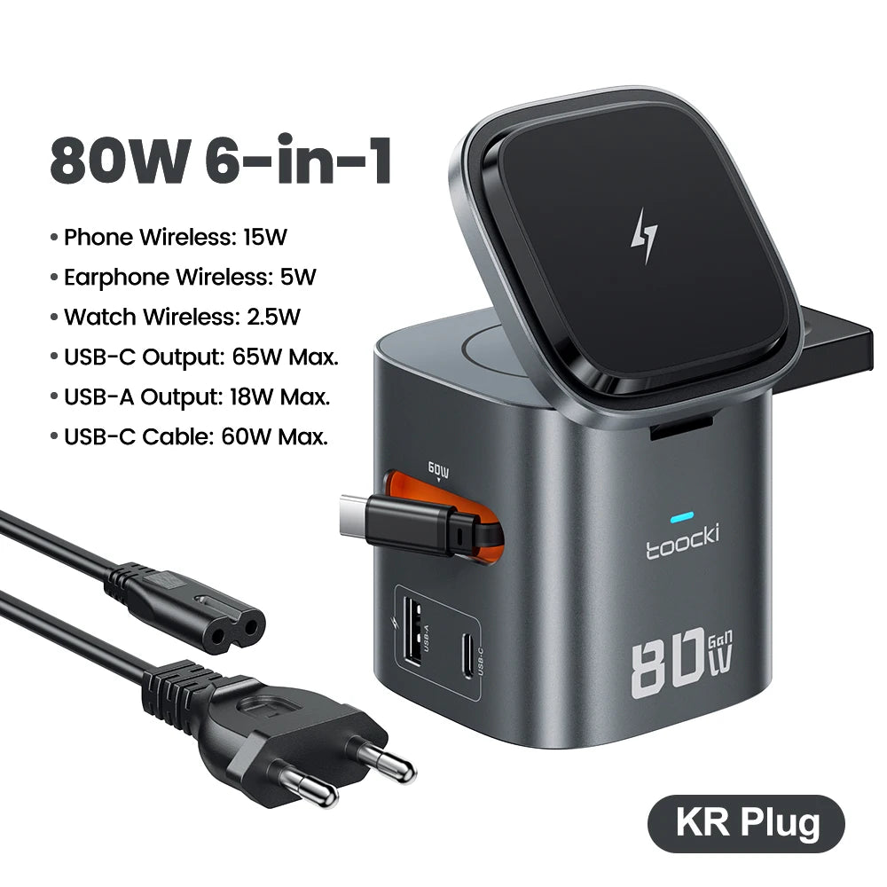 Toocki 6-in-1 80W GaN Charging Station Magnrtic Wireless Type C PD 65W Retractable For iPhone 16 17 iWatch AirPods Fast Charger