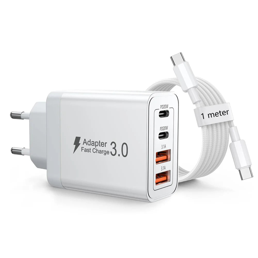 EU/UK/US/AU Plug Multi-Port USB-C/USB-A Wall Charger with Type C Cable 40W Dual PD Fast Charging Block Mobile Phone Adapter