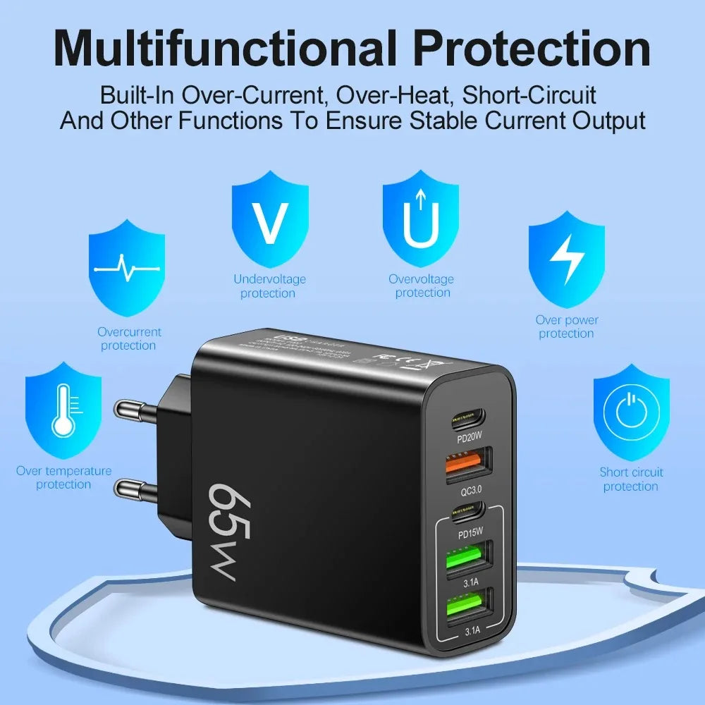 USB Type C Charger Total 65W PD Fast Charging Phone Charger 