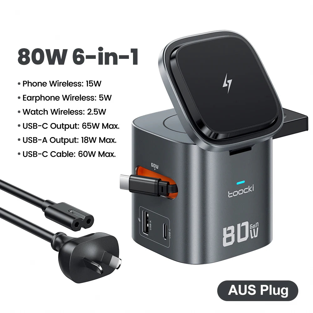 Toocki 6-in-1 80W GaN Charging Station Magnrtic Wireless Type C PD 65W Retractable For iPhone 16 17 iWatch AirPods Fast Charger