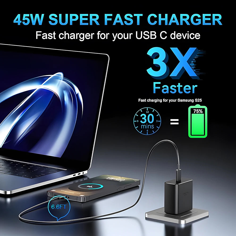 45W Super Fast Charger & USB-C Data Cable - Portable Adapter