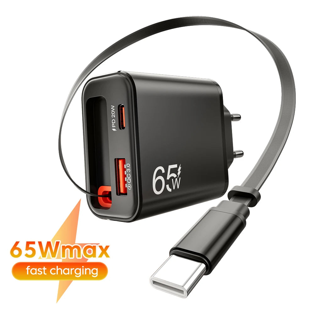 65W GaN Super Fast Charger Type C EU US UK Plug Retractable 