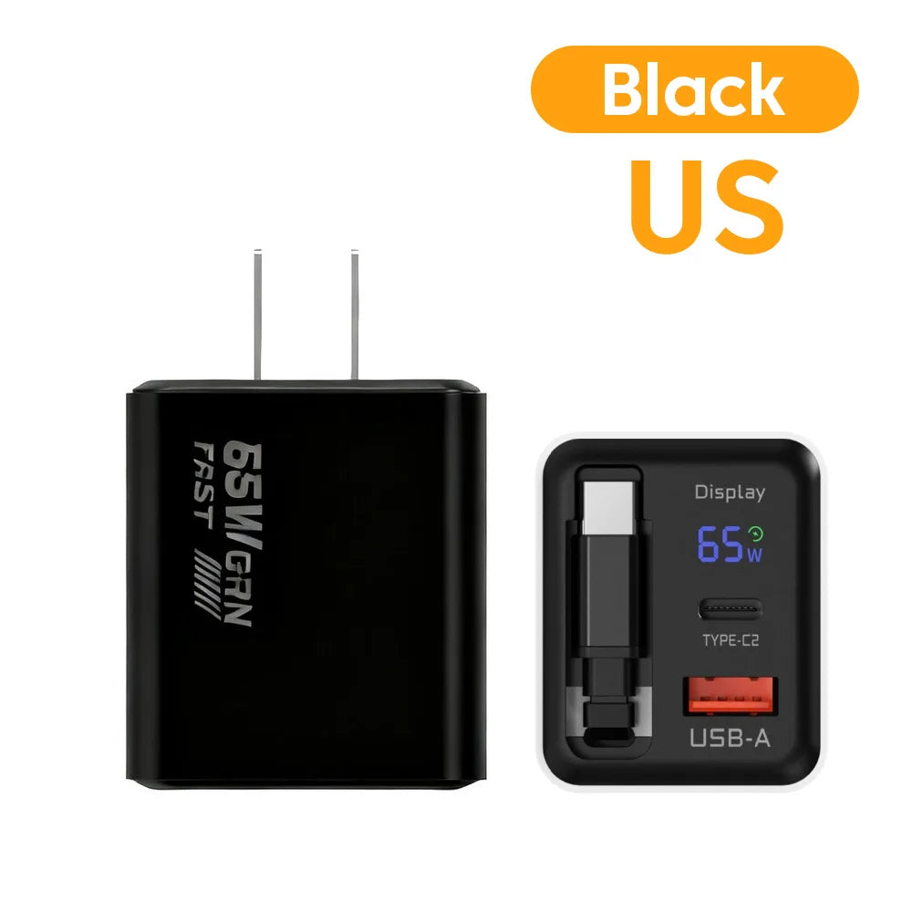 65W GaN USB Phone Charger With Retractable Type C Cable Super Fast Charge Charger Adapter For iPhone 17 Samsung Wall cargadores