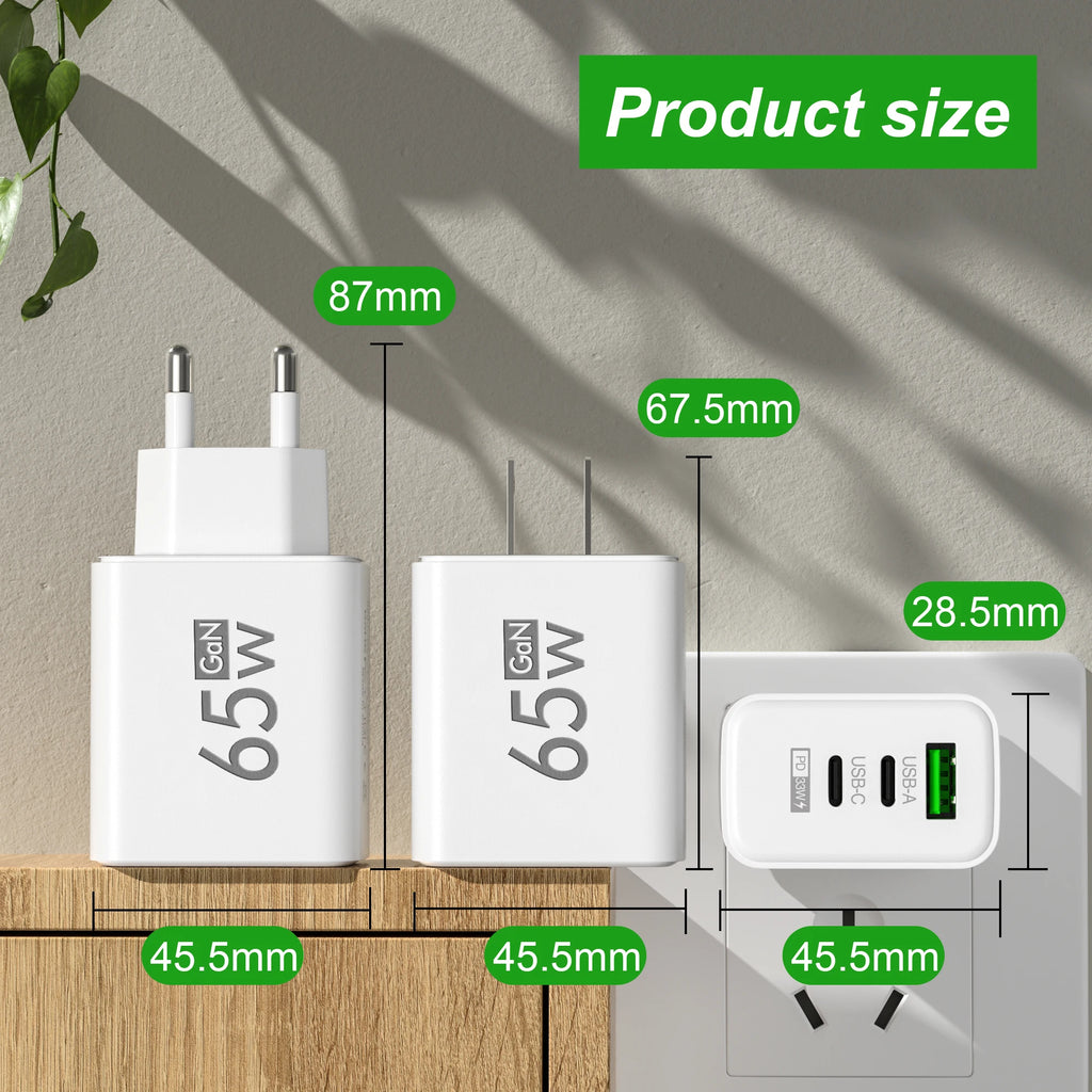 3 Ports PD 65W USB Fast Charging Charger Type C Mobile Phone