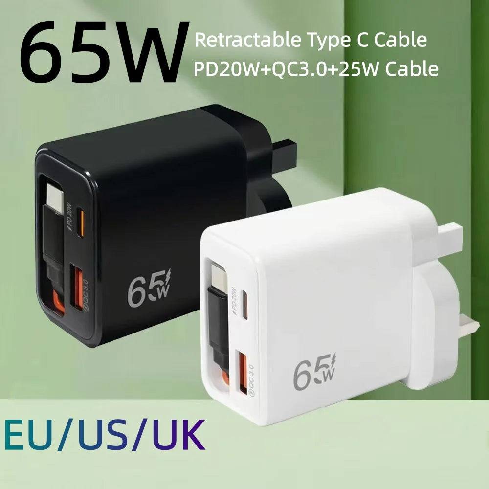 65W Fast Charger USB C Charger With Retractable Type-C Cable