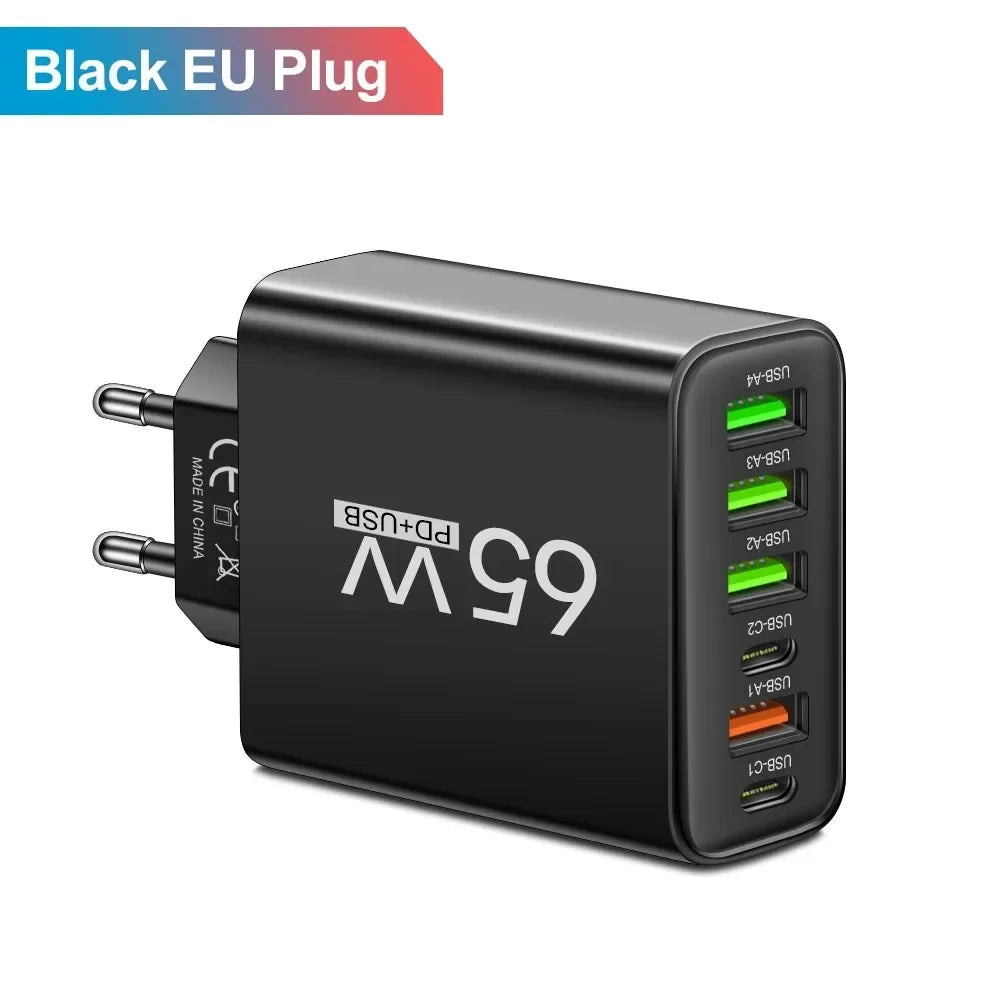 6 Ports 65W USB PD Charger Fast Charging Type C Phone Charger Adapter For iPhone Samsung Xiaomi USB C Quick Charge Wall Charger