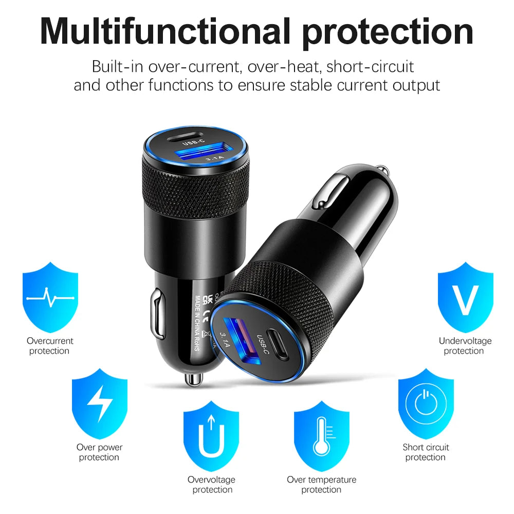 68W Dual USB Type C Car Charger Metal Auto PD Charger Adapte