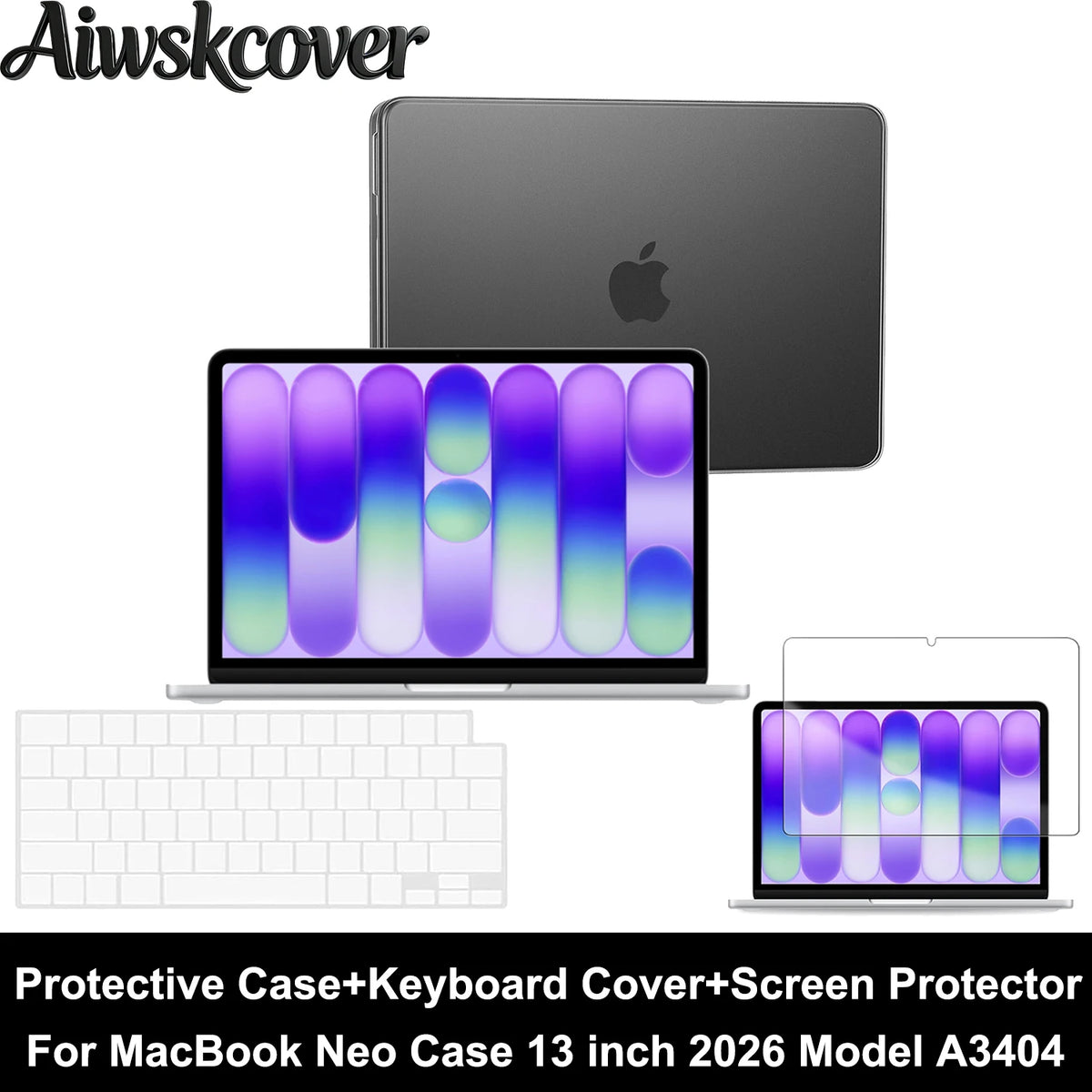 For MacBook Neo Case 13 inch 2026 Release Model A3404 3 in 1 Kit Plastic Hard Shell Case & Keyboard Cover & Screen Protector