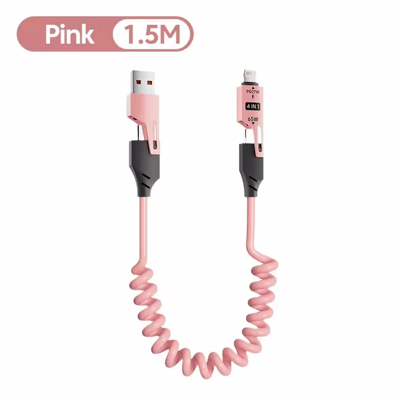 65W Quick Charger Spring USB Cable 4 in 1 Spring Data Cable 6A USB Type C Spring Telescopic Wire for iPhone iPad MacBook Huawei