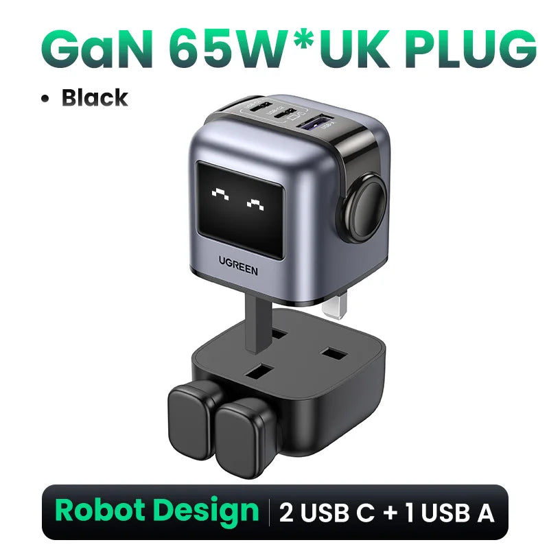 UGREEN 65W GaN Charger Uno Robot Design PD Fast Charger PPS PD3.0 for iPhone 17 16 15 Fast Charge for Xiaomi Laptop Macbook Pro