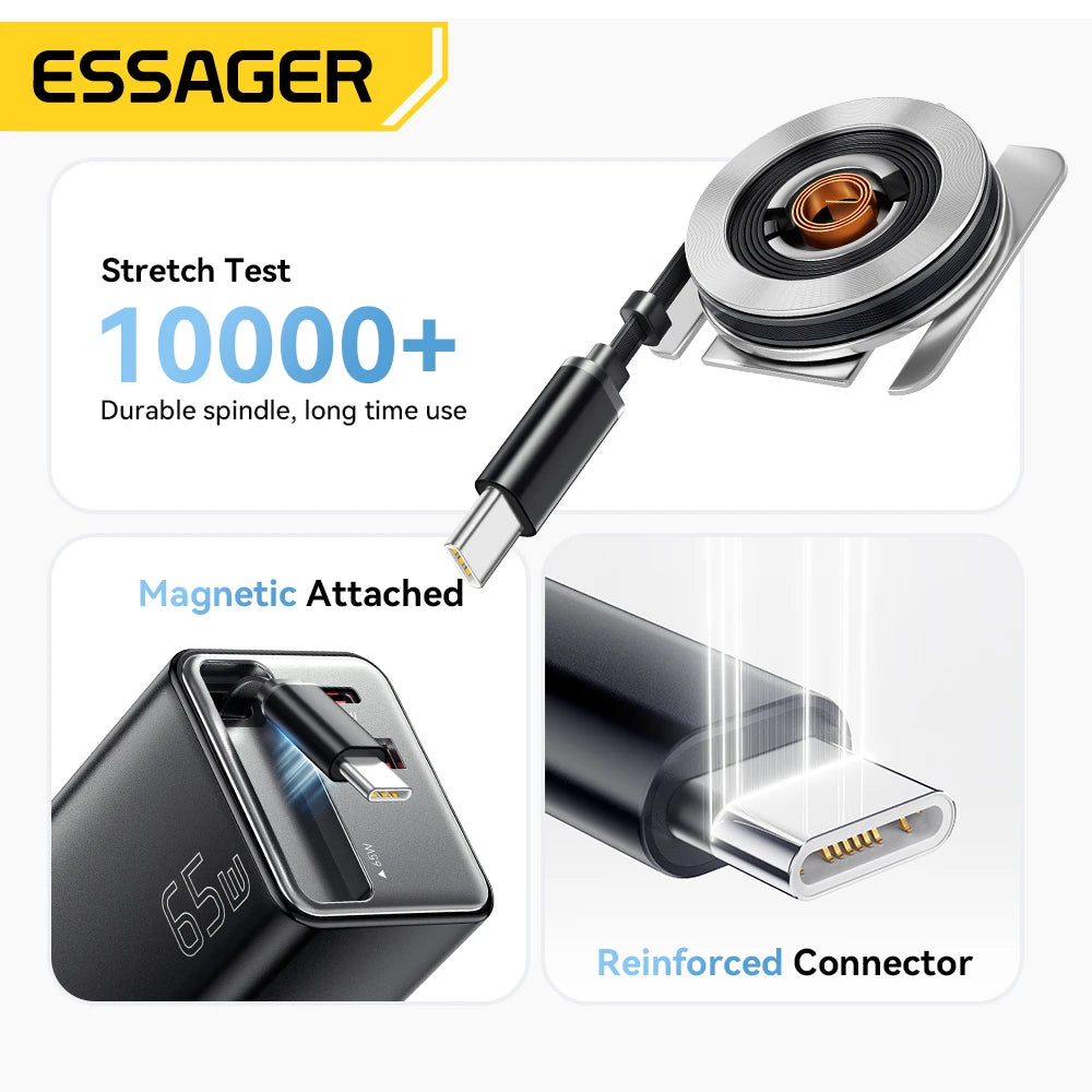 Essager 65W GaN Charger with Retractable Cable PD Fast Charg