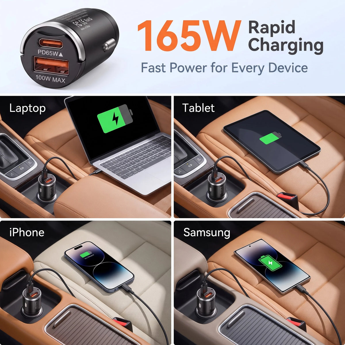 165W Travel Car Charger Dual Port 65W USB C and 100W USB A O