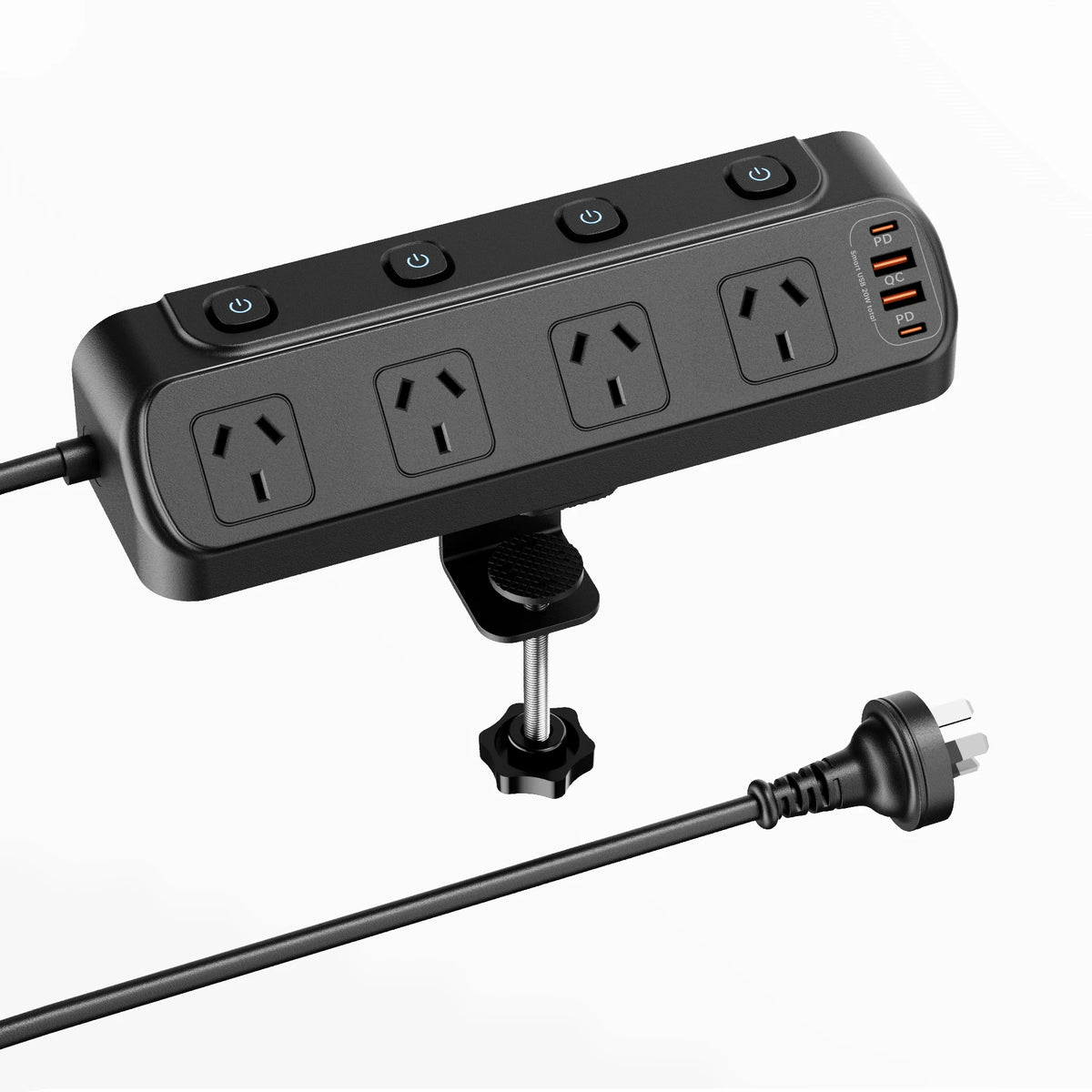 AU Plug Desk Clamp power board with 4 AC outlets 2 USB A and 2 USB C PD20W fast charging 2m extension cord multiprise socke