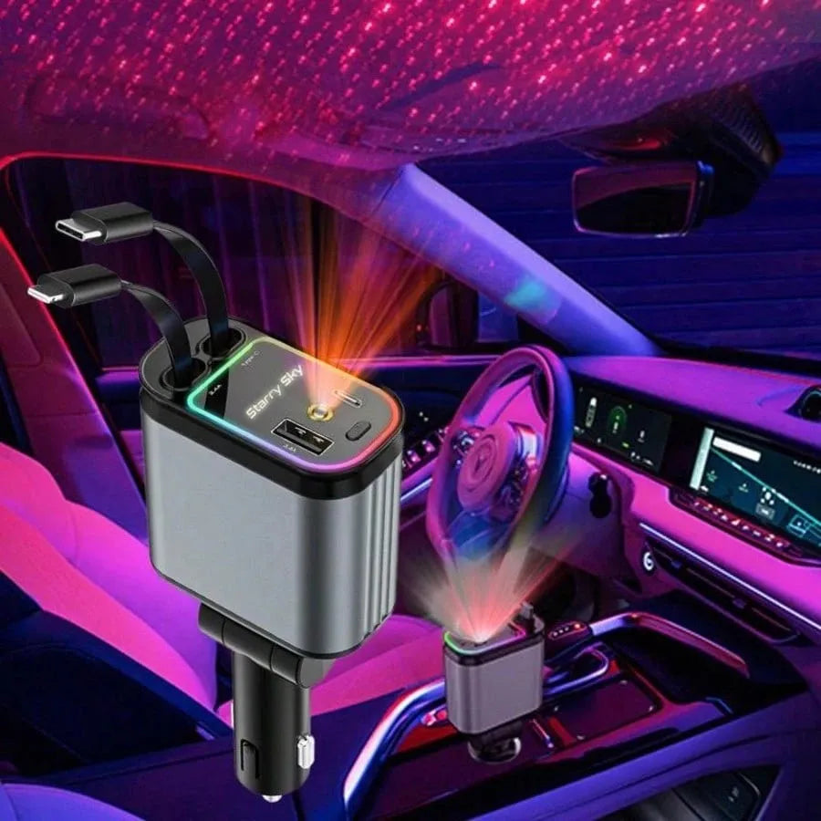 W&O 66W Fast Car Charger with Starlight (Red) Retractable Ca