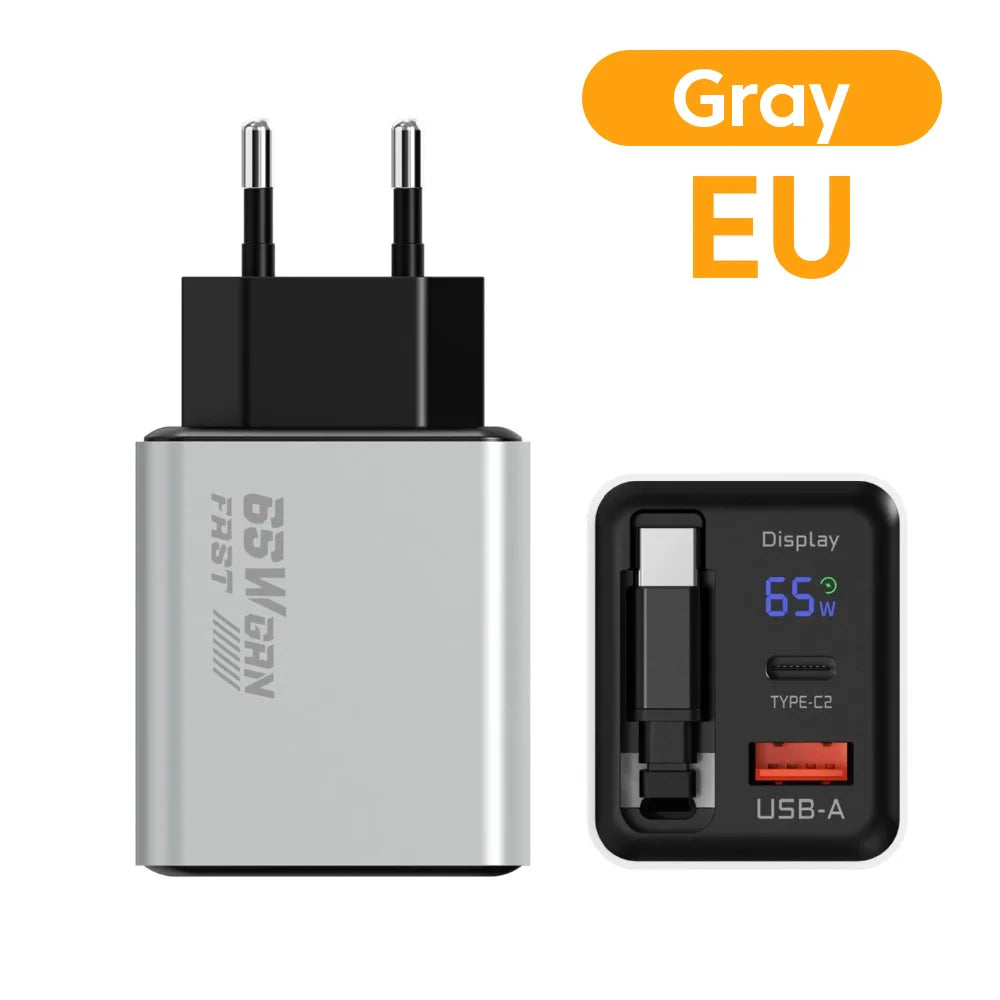 65W GaN USB Phone Charger With Retractable Type C Cable Super Fast Charge Charger Adapter For iPhone 17 Samsung Wall cargadores