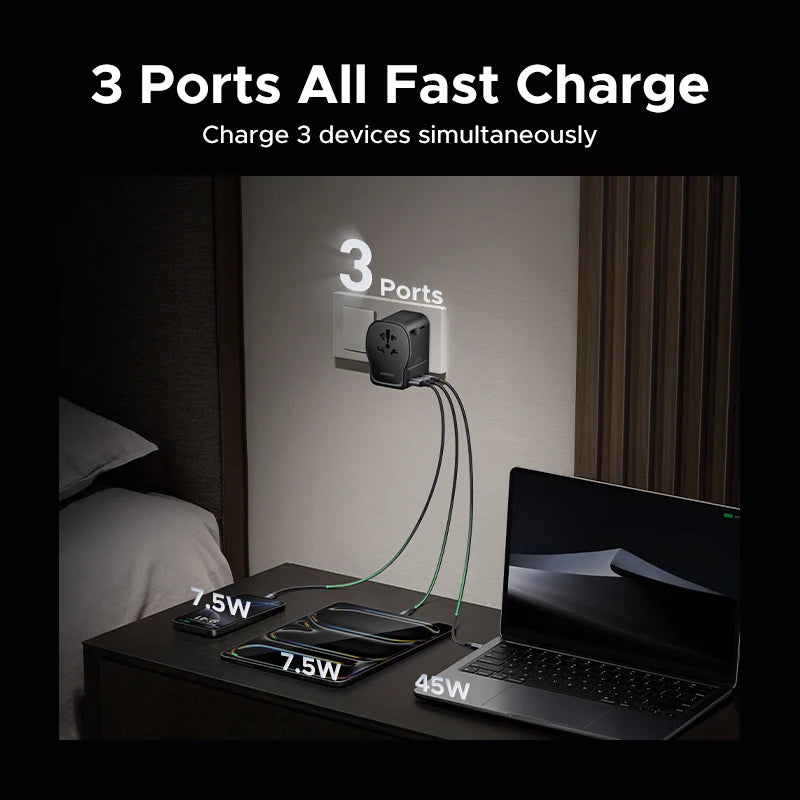 UGREEN 65W GaN Universal Travel Adapter 2 USB-C 1 USB-A AC S