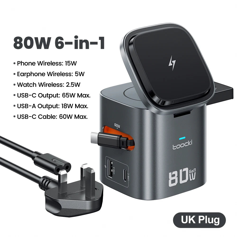 Toocki 6-in-1 80W GaN Charging Station Magnrtic Wireless Type C PD 65W Retractable For iPhone 16 17 iWatch AirPods Fast Charger