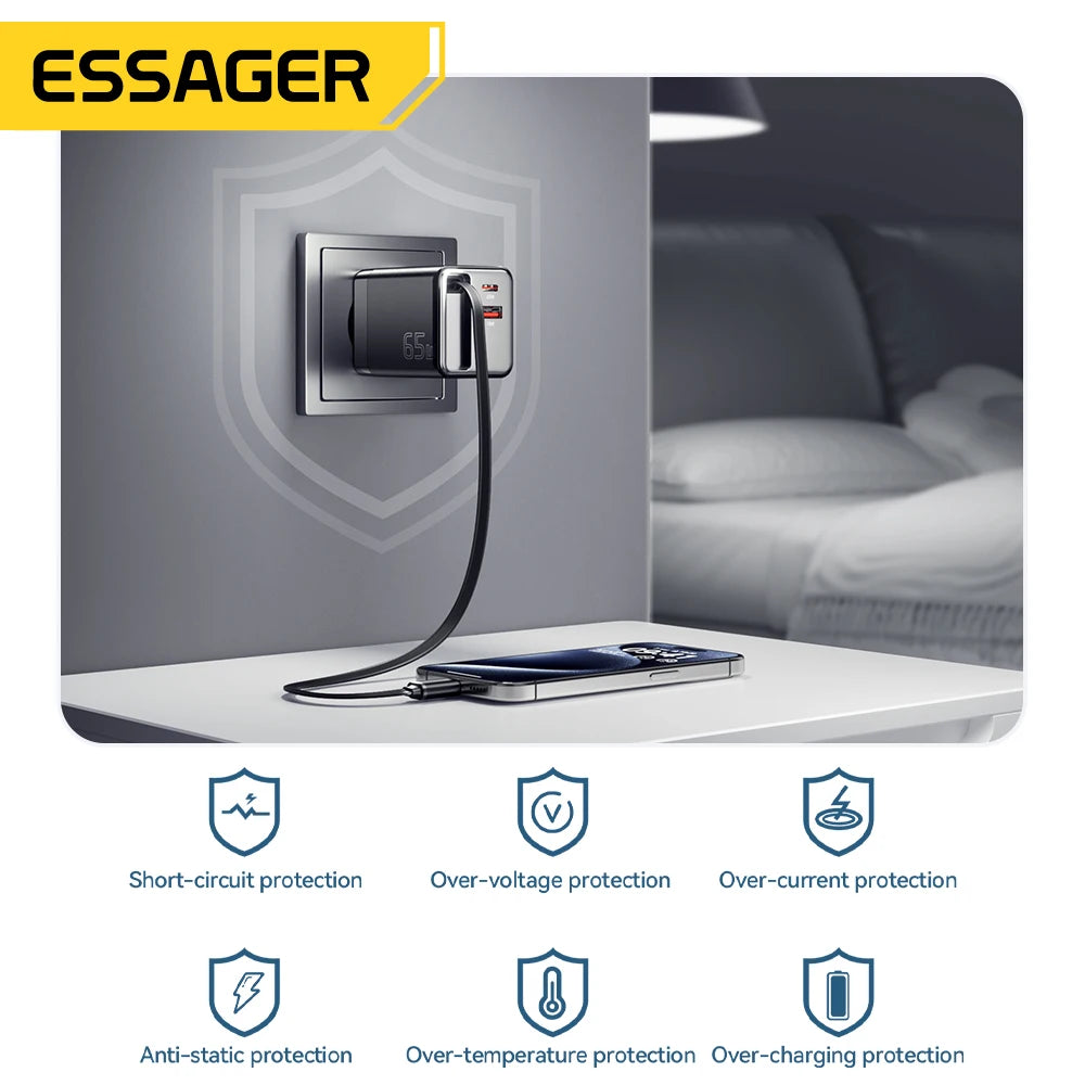 Essager 65W GaN Charger with Retractable Cable PD Fast Charg