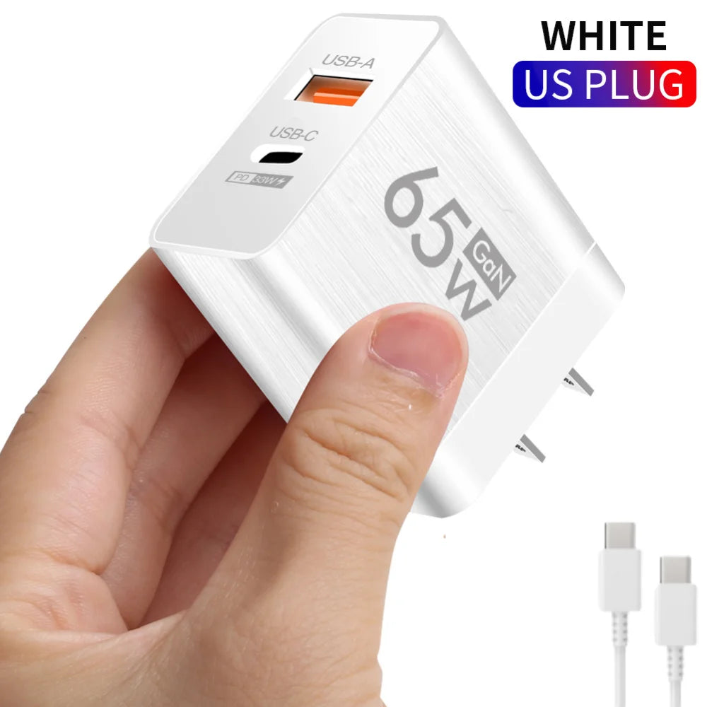 65W Type C USB GaN Charger US/EU Plug Quick Charge For iPhone Xiaomi Samsung Huawei Fast Charging 2 Ports Mobile Phone Adapter