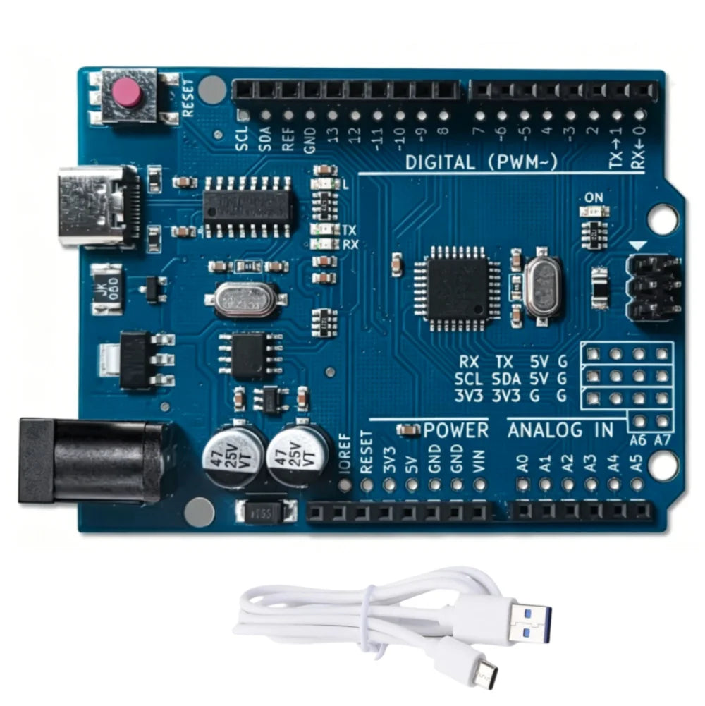 USB-C UNO R3 Board I2C & UART Breakouts Extra A6/A7 Analog Pins Arduino Compatible Type-C Port ATmega328P-AU Microcont