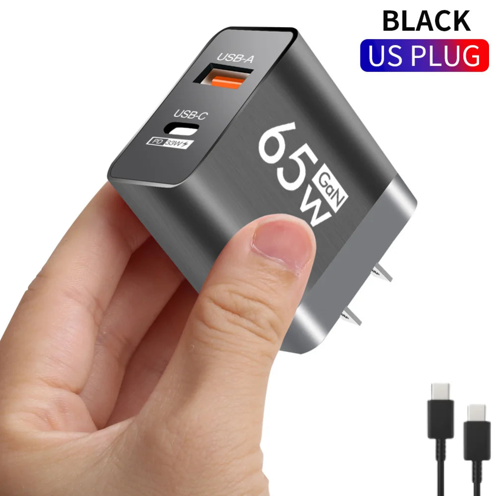 65W Type C USB GaN Charger US/EU Plug Quick Charge For iPhone Xiaomi Samsung Huawei Fast Charging 2 Ports Mobile Phone Adapter