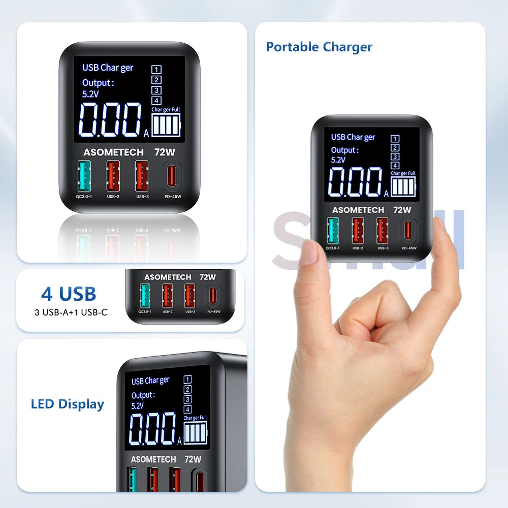 ASOMETECH 72W GaN USB Charger 4 Port With LED Display QC3.0 