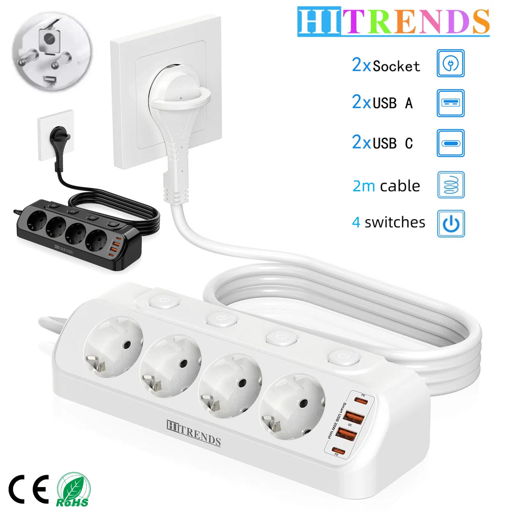 Eu Plug Multi-Function Power Board 2 USB-A and 2 USB-C Fast 