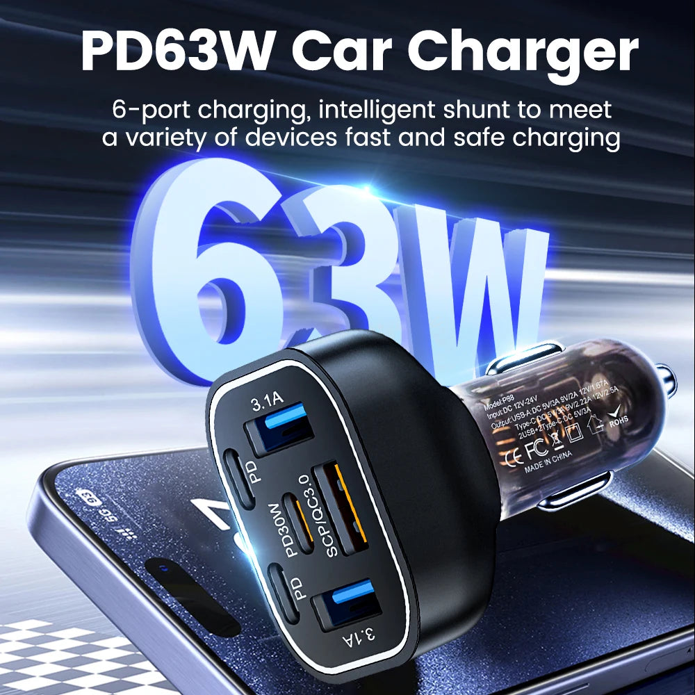 Olaf 3A+3C 63W Car USB Charger 6 Ports Fast Charging Type C 
