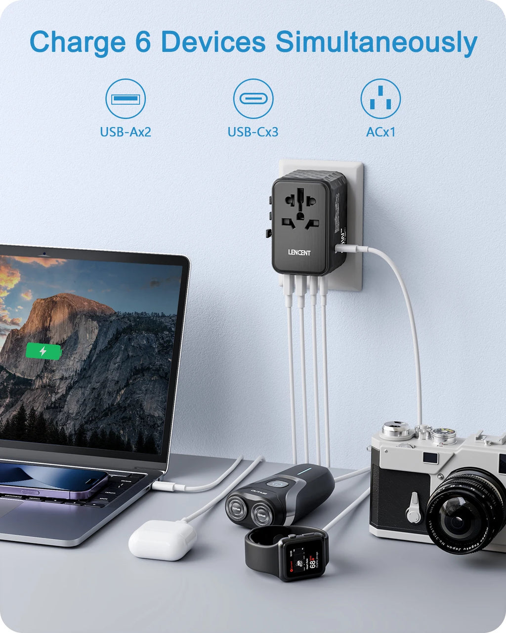 LENCENT 65W GaN Universal Travel Adapter with 2 USB 3 Type C