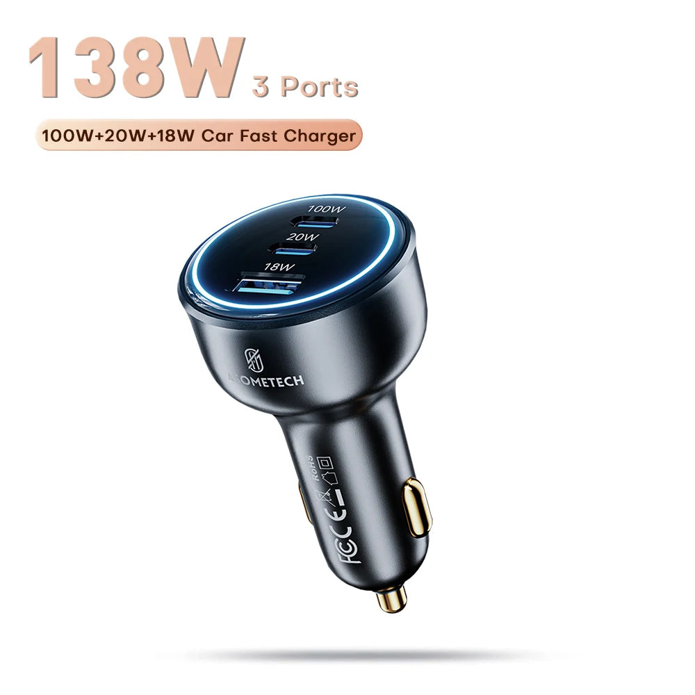 138W Car Charger Fast USB Type C Car Phone Charge 100W 65W 45W 35W PD3.0 PPS For iPhone 14 15 Samsung Laptops Tabet Car Adapter