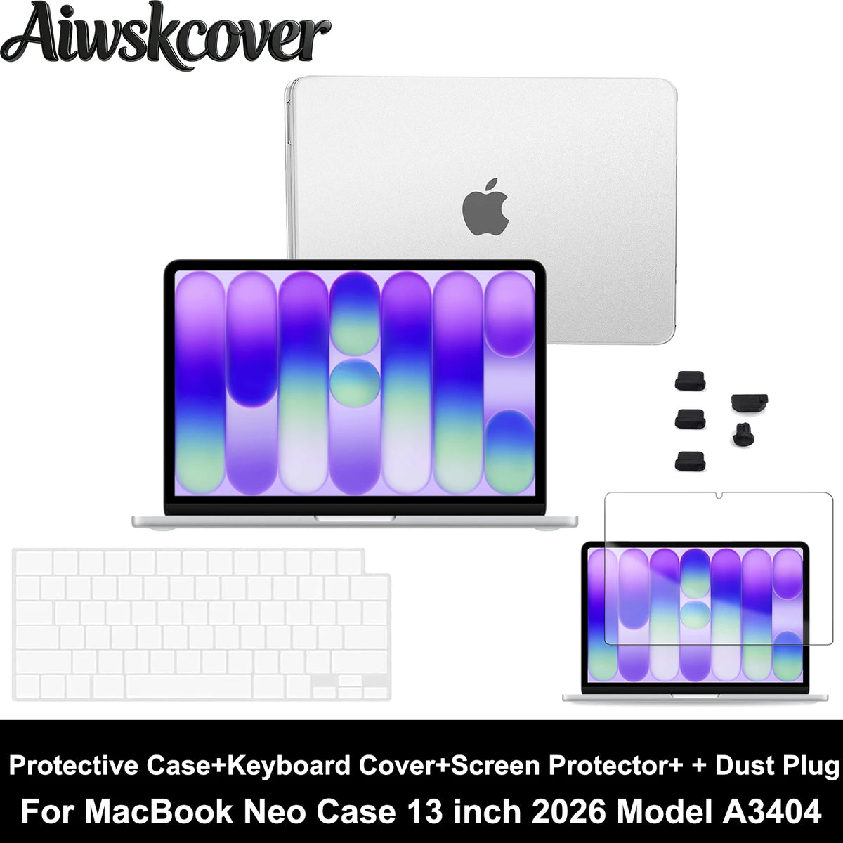 2/3/4pcs For MacBook Neo Case 13 inch 2026 A3404 Protective Case & Keyboard Cover & Screen Film & Dust Plug Laptop Accessories