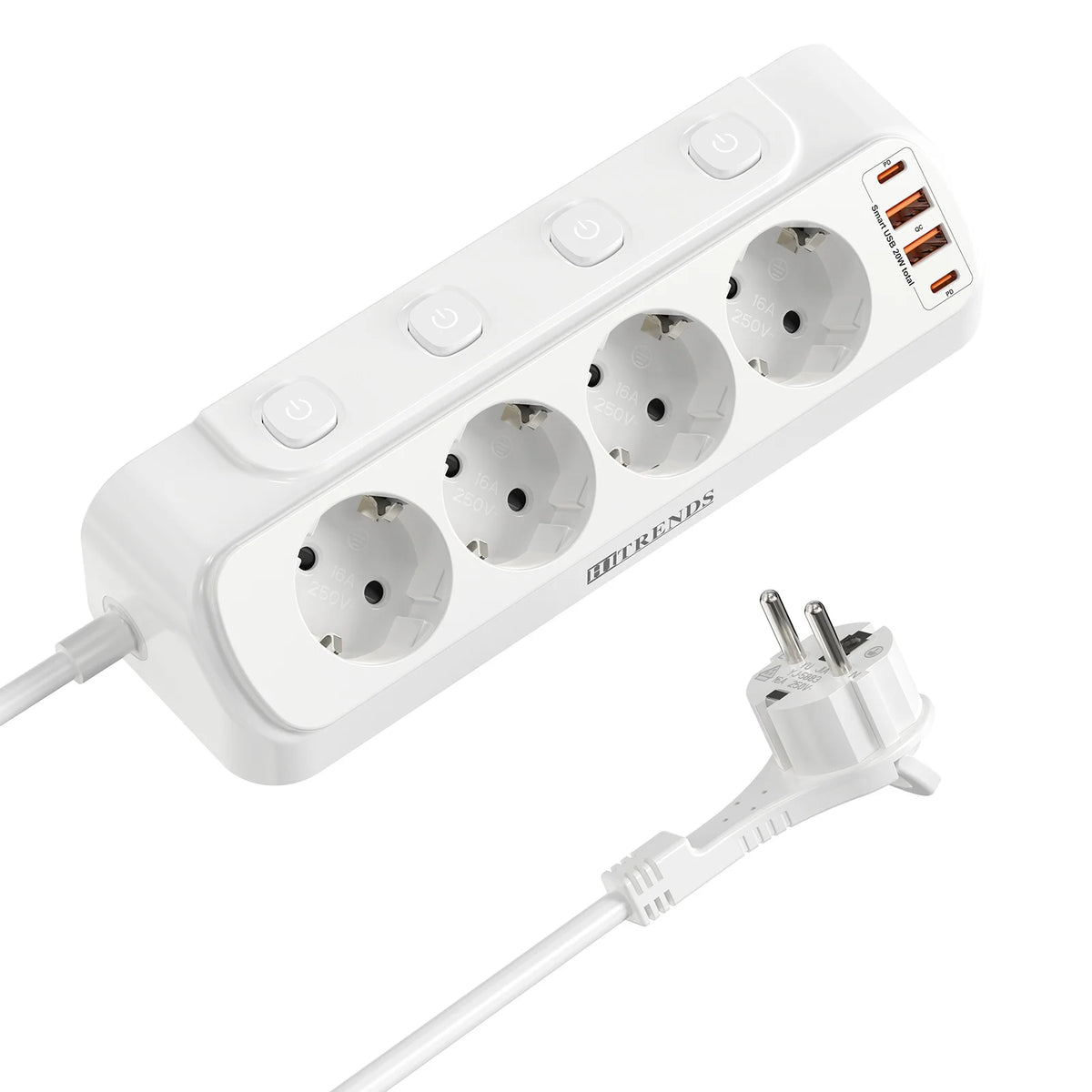 Eu Plug Multi-Function Power Board 2 USB-A and 2 USB-C Fast Charging Power Adapters 2 m Extension Cord Independent Switch White