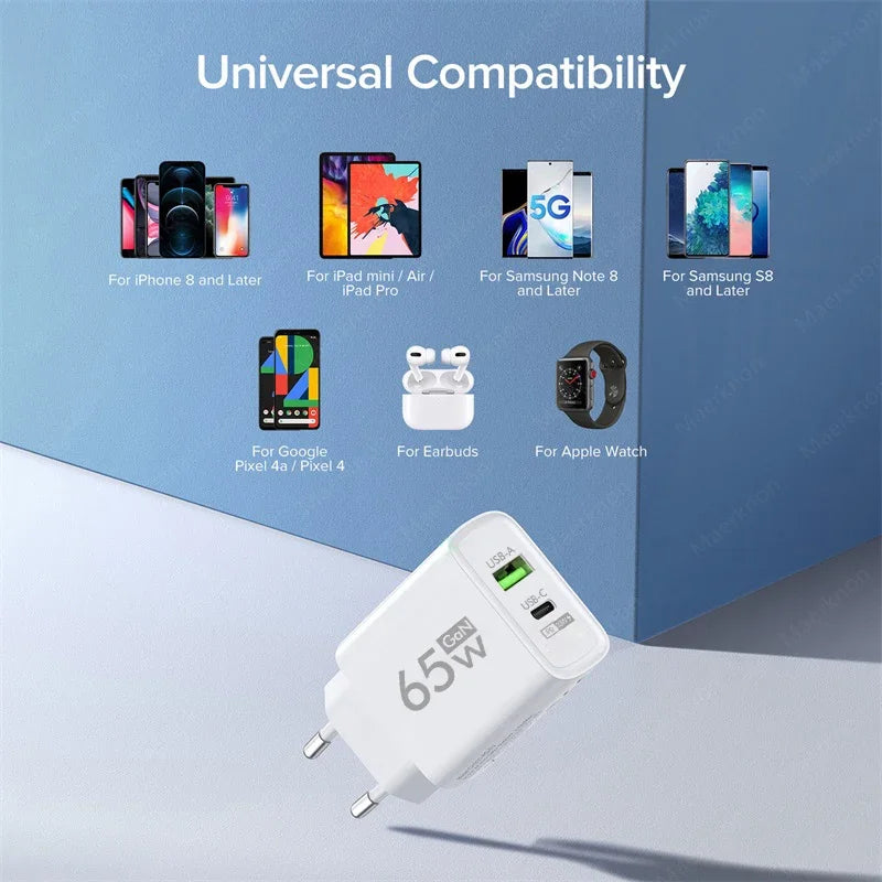65W GaN USB C Charger Dual Port PD3.0 QC3.0 Fast Wall Adapte