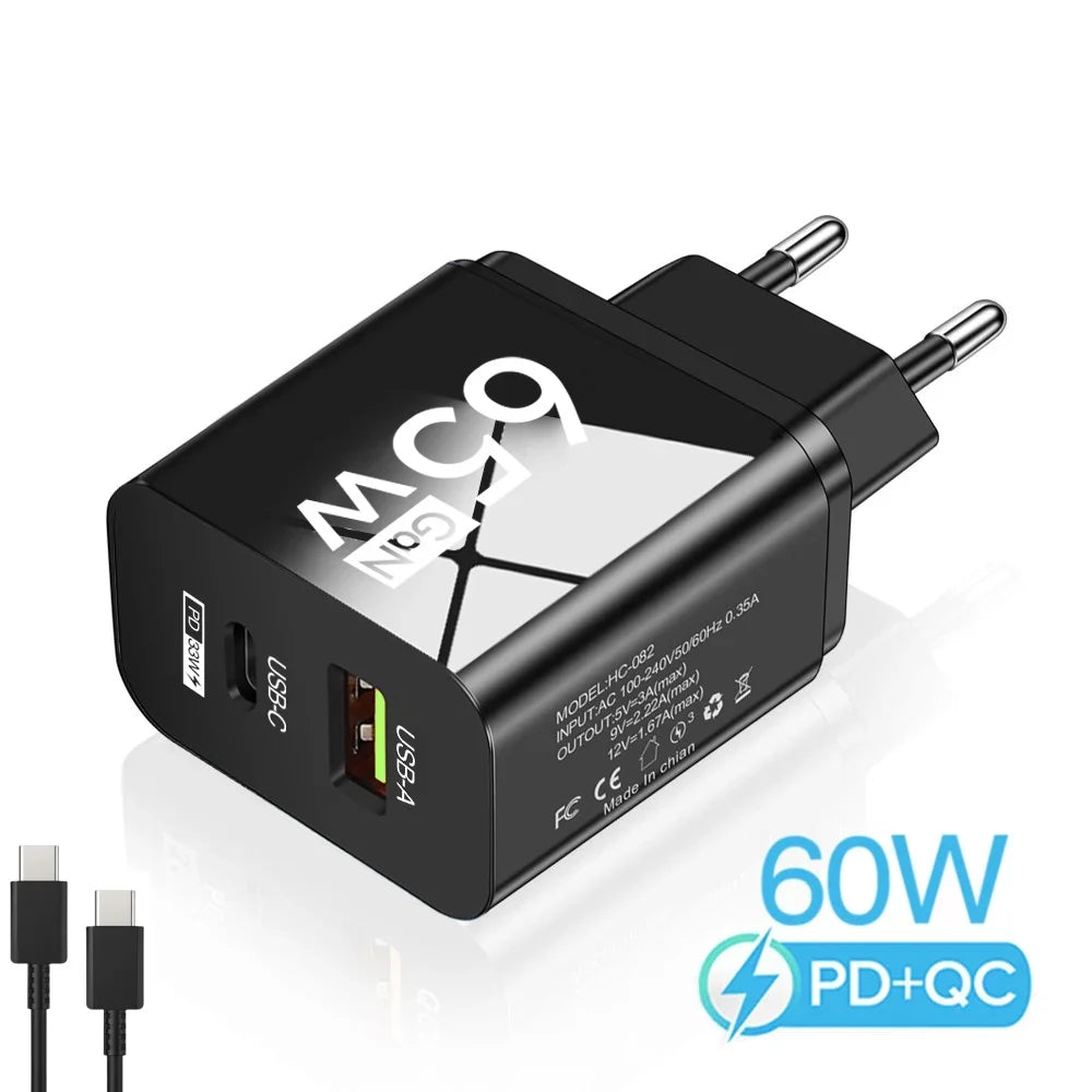 65W GaN USB C Charger Dual Port PD3.0 QC3.0 Fast Wall Adapter Type-C USB-A for iPhone Samsung Xiaomi Laptop EU US Plug Travel