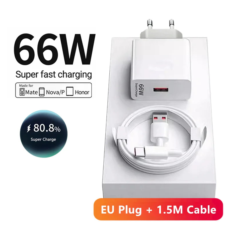 6A 66W Super Fast EU Wall Charger For Huawei Mate 40 50 60 P50 Nova 8 9 10 Honor 90 100 X7 X8 X9 Magic Type C Charging USB Cable