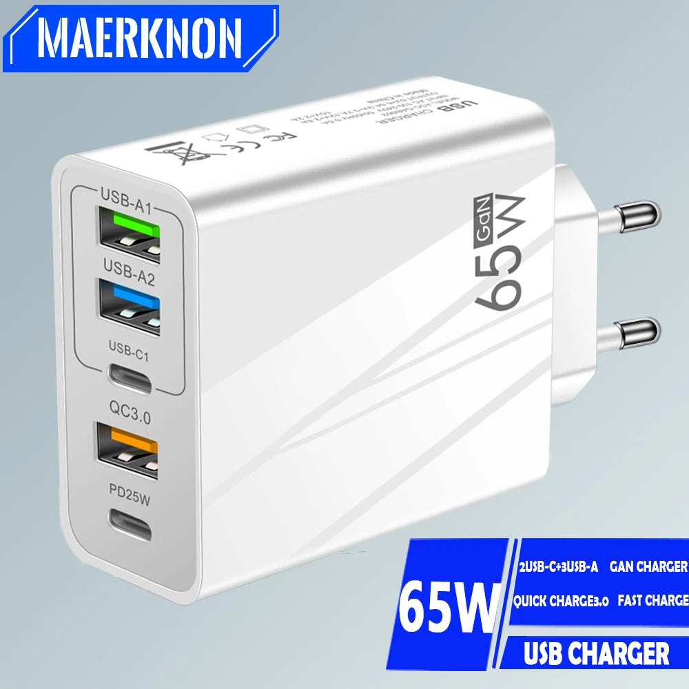 65W GaN USB Charger PD Type C Fast Charging Phone Charger Po
