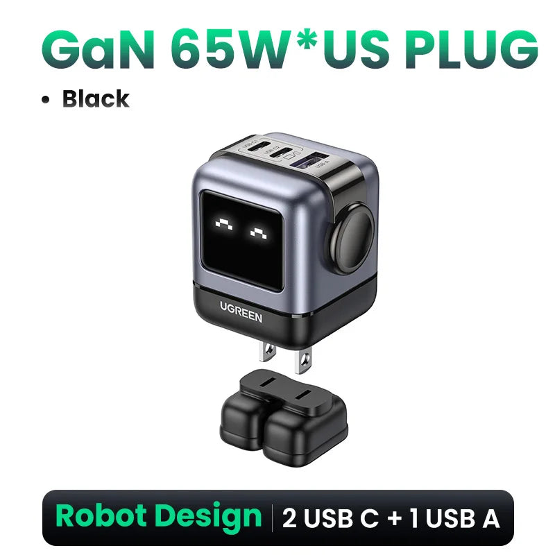 UGREEN 65W GaN Charger Uno Robot Design PD Fast Charger PPS PD3.0 for iPhone 17 16 15 Fast Charge for Xiaomi Laptop Macbook Pro