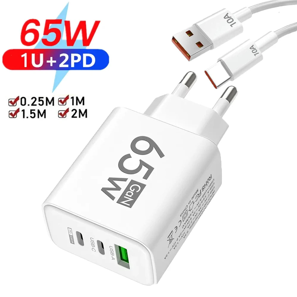 65W USB C GaN Charger 3 Ports Fast Charging Adapter 10A USB 