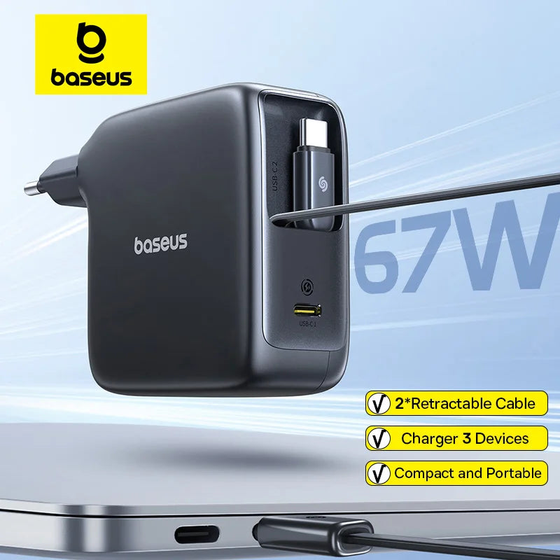 Baseus 67W GaN Charger With Dual Retractable Cable Fast Char