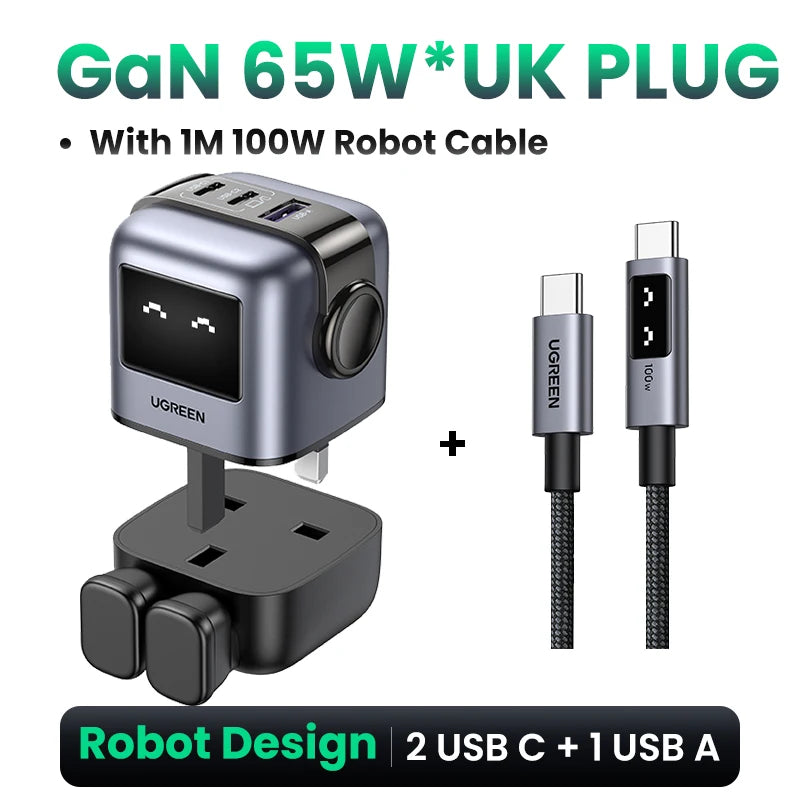 UGREEN 65W GaN Charger Uno Robot Design PD Fast Charger PPS PD3.0 for iPhone 17 16 15 Fast Charge for Xiaomi Laptop Macbook Pro