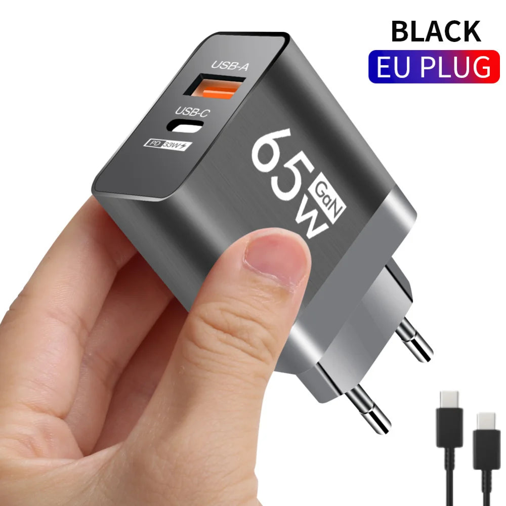 65W Type C USB GaN Charger US/EU Plug Quick Charge For iPhone Xiaomi Samsung Huawei Fast Charging 2 Ports Mobile Phone Adapter