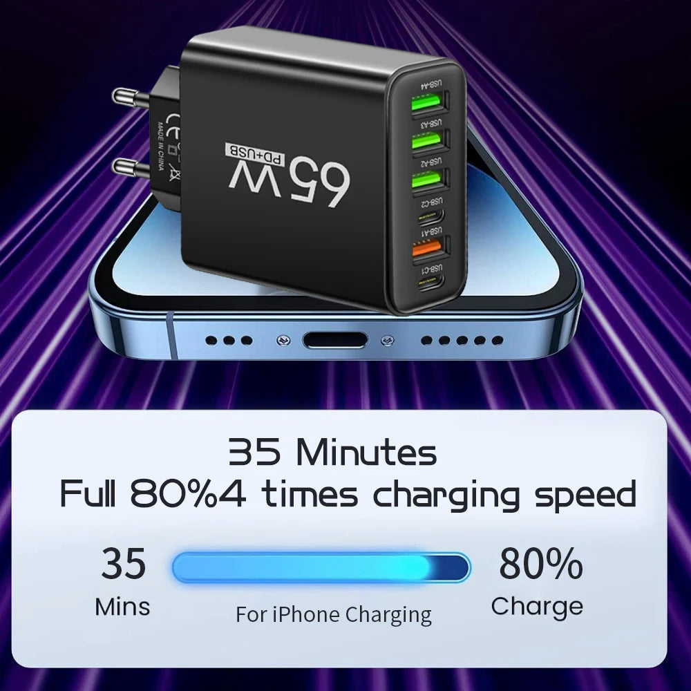 USB C Charger Total 65W Muti 6 Ports Fast Charging QC3.0 Typ